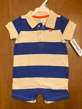 6M Blue & Cream Striped Polo Romper